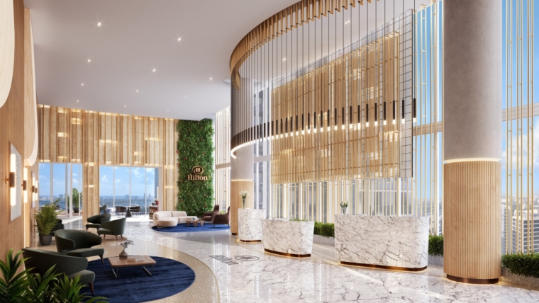 Okan Tower presenta nuevas representaciones del hotel Hilton y completa prueba de pilotaje superalto